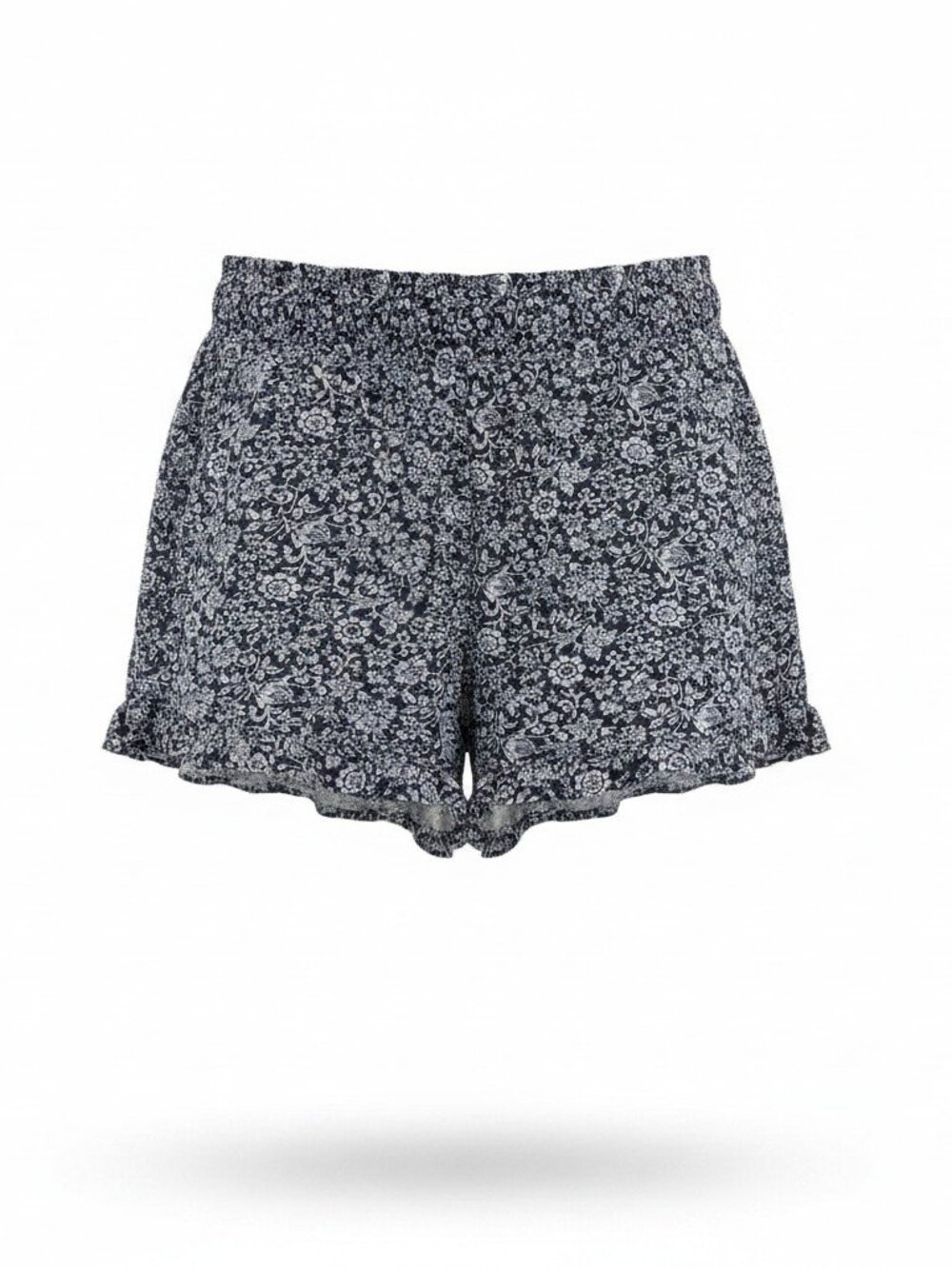 Navy Floral Elastic Waist Ruffle Hem Shorts